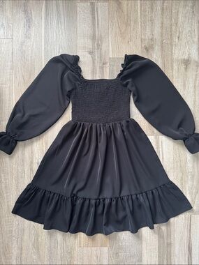 SHEIN Women’s Junior Black Puff-Sleeve Smocked Bodice Mini Dress Size S